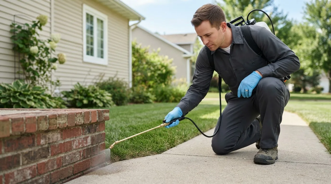 Pest control technician treating a home near Elwood, KS