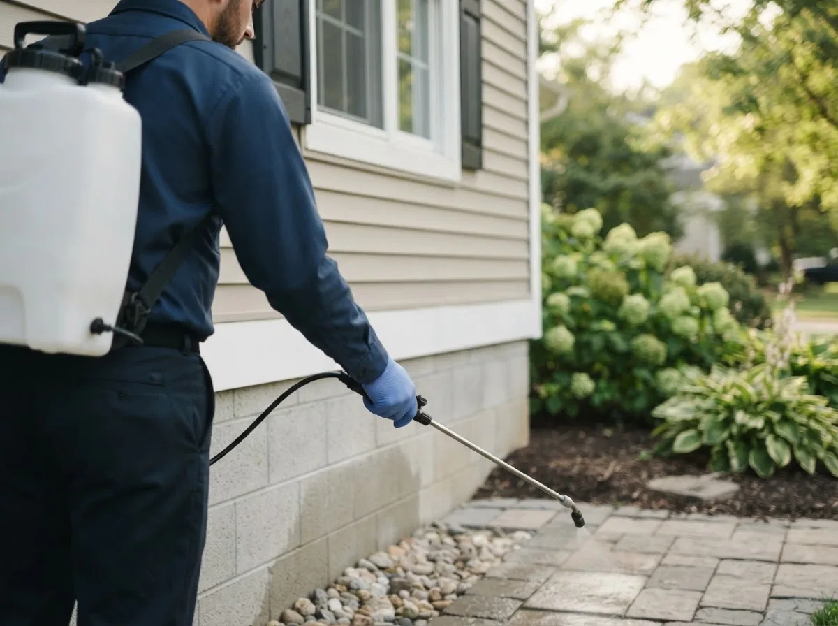 Pest control technician inspecting a home in Elwood, KS